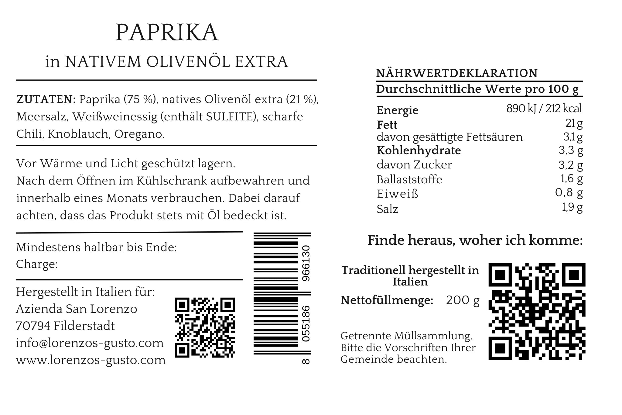 Nährwertdeklaration und Zutaten von Paprika in nativem Olivenöl extra