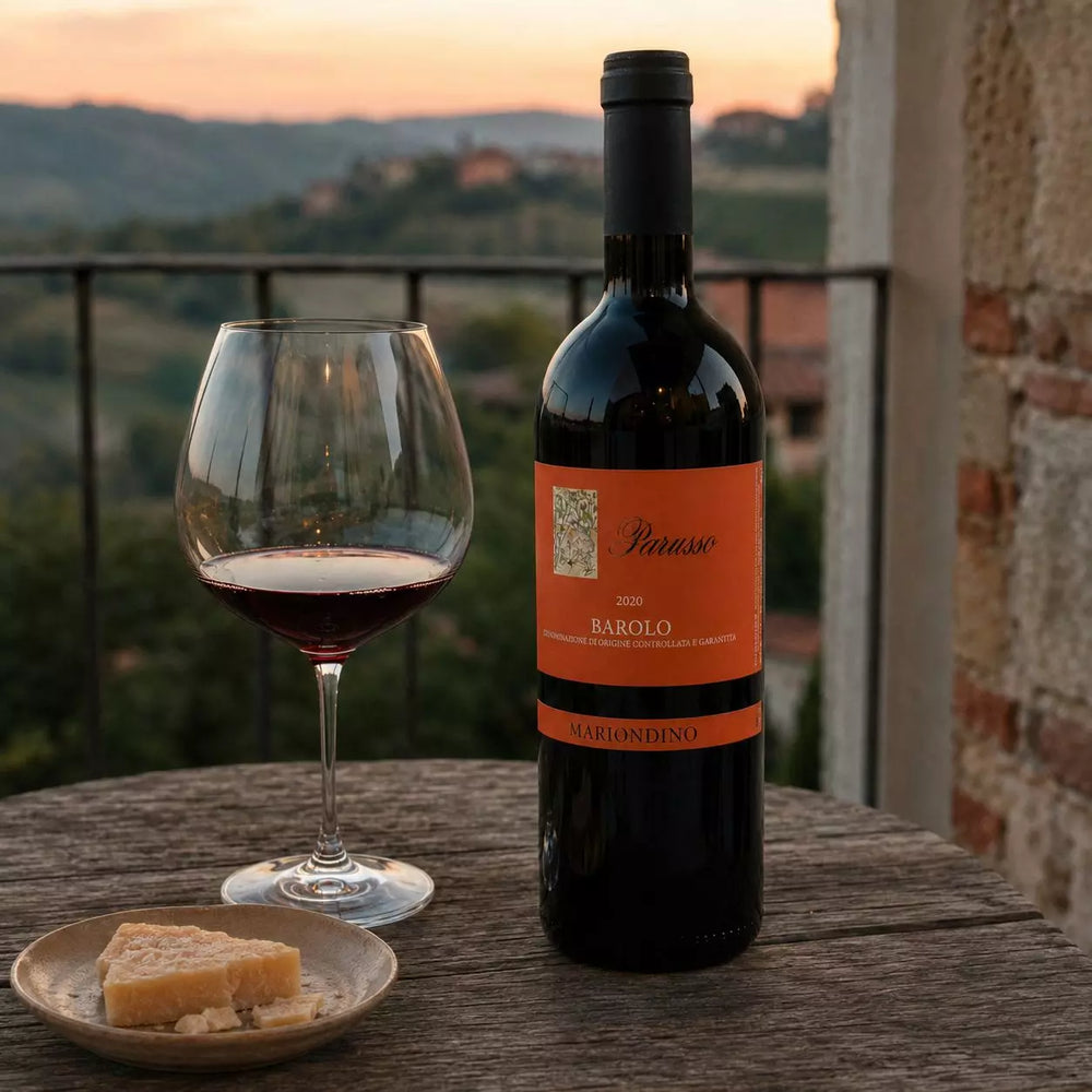 Parusso Barolo Mariondino 2020 mit Rotweinglas und Parmesankäse auf einem rustikalen Holztisch bei natürlicher Abendstimmung im Piemont.