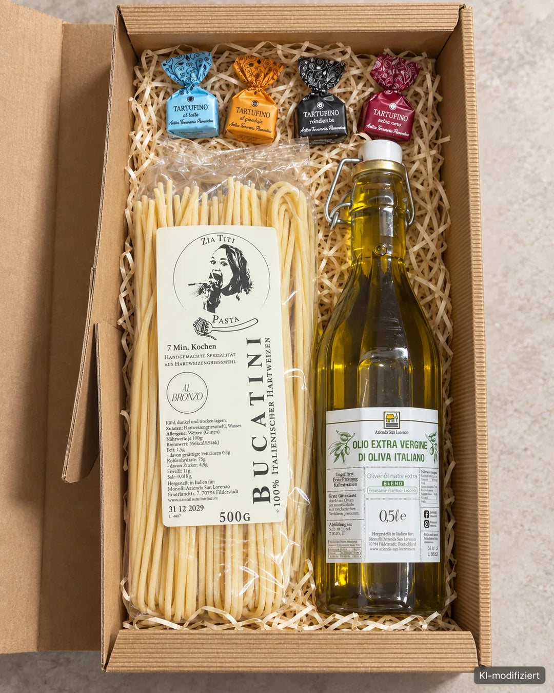 Pasta e Olio Geschenkset mit Bucatini, Olivenöl und vier Tartufi im Geschenkkarton – KI modifiziert
