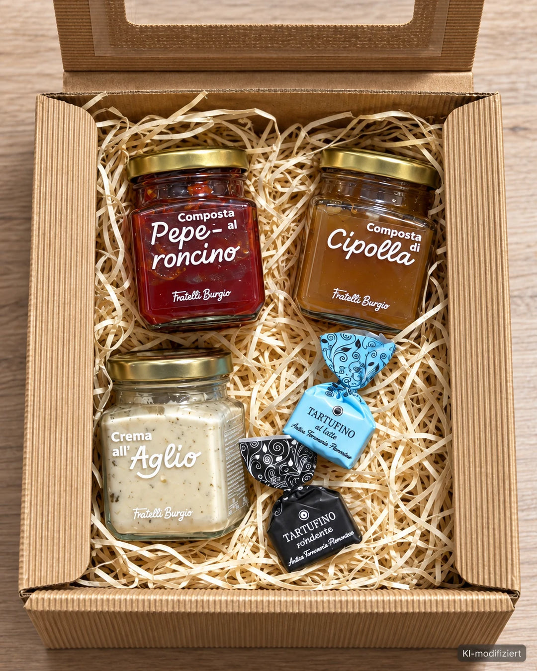 Piccolo Gusto italienische Feinkost-Geschenkbox mit Chilimarmelade, Zwiebelmarmelade, Knoblauchcreme und zwei Tartufi – KI modifiziert