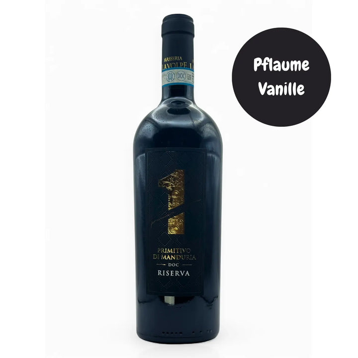 Primitivo di Manduria Riserva Rotweinflasche, schwarze Etikett, Noten von Pflaume und Vanille