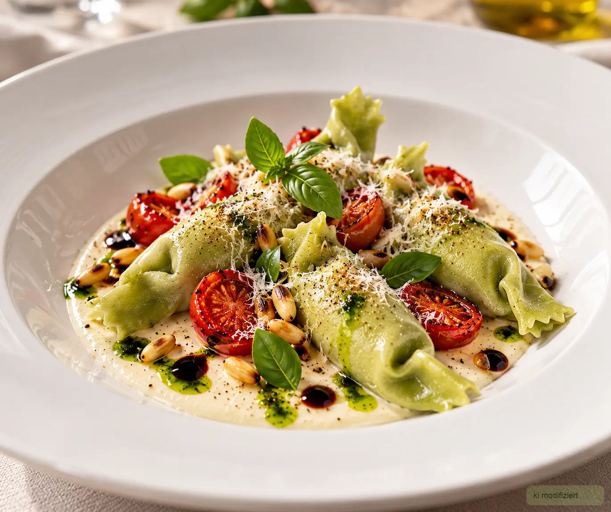 Caramelle mit Ricotta und Basilikum auf Parmigiano-Creme mit confierten Tomaten, Basilikumöl und Aceto Balsamico