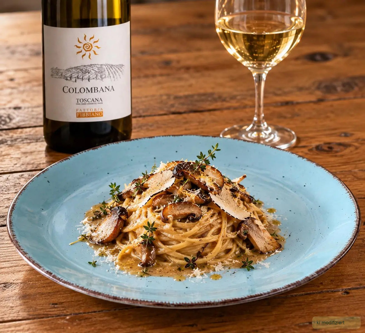 Tagliolini ai Porcini mit gebratenen Steinpilzen, Thymian und Burro Nocciola im tiefen Teller