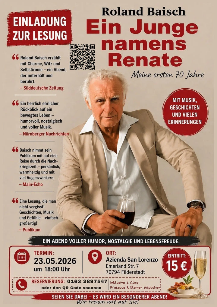 Einladung zur Lesung von Roland Baisch mit Wein und Antipasti in Filderstadt