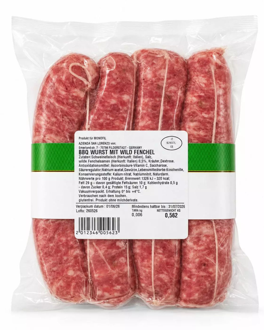 Rückseite der vakuumverpackten Salsiccia al Finocchio von Azienda San Lorenzo mit Zutaten und Nährwertangaben