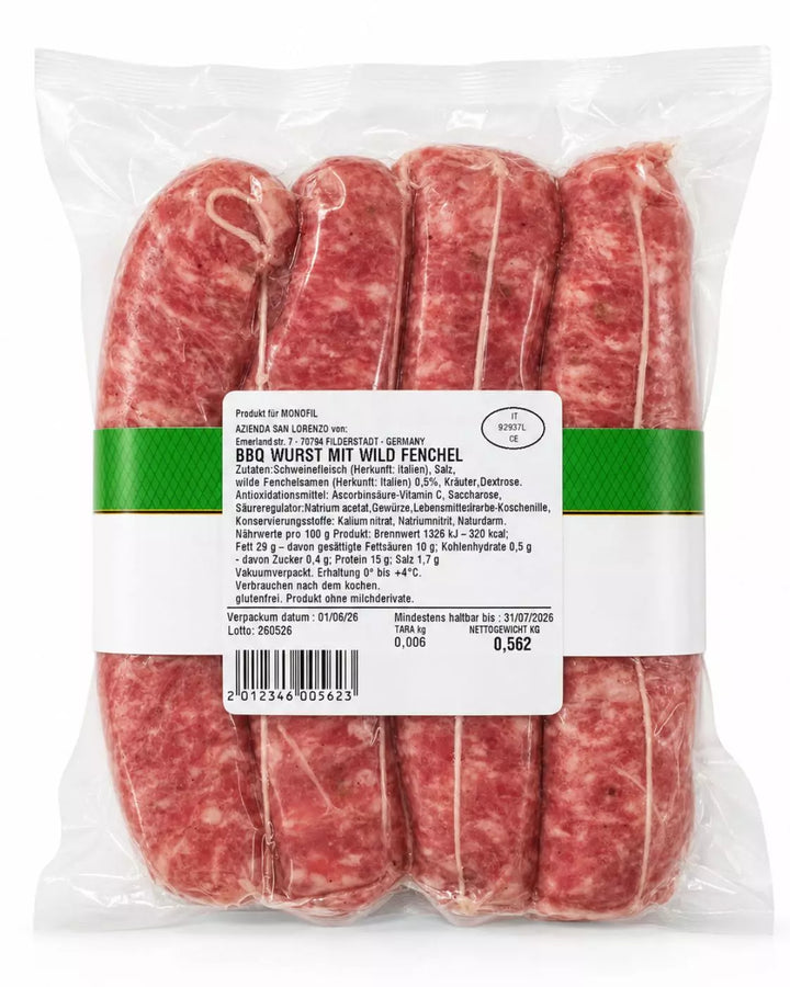 Rückseite der vakuumverpackten Salsiccia al Finocchio von Azienda San Lorenzo mit Zutaten und Nährwertangaben