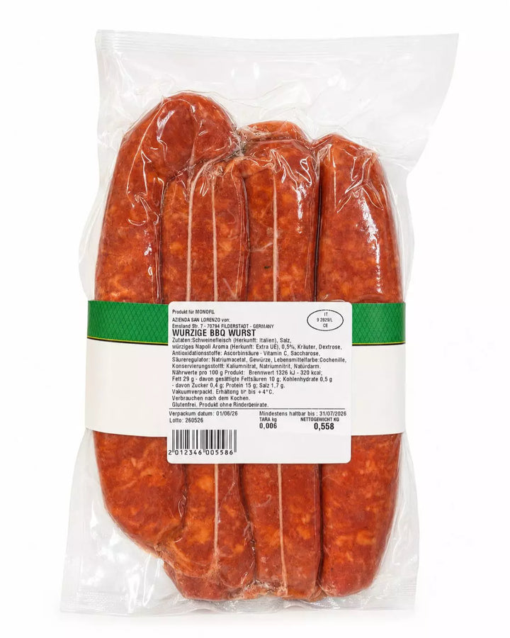 Rückseite der vakuumverpackten Salsiccia Piccante von Azienda San Lorenzo mit Zutaten und Nährwertangaben