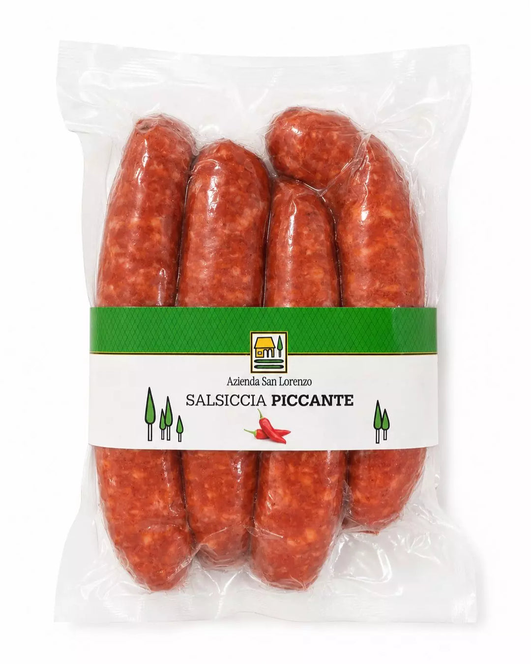 Vorderseite der vakuumverpackten Salsiccia Piccante von Azienda San Lorenzo
