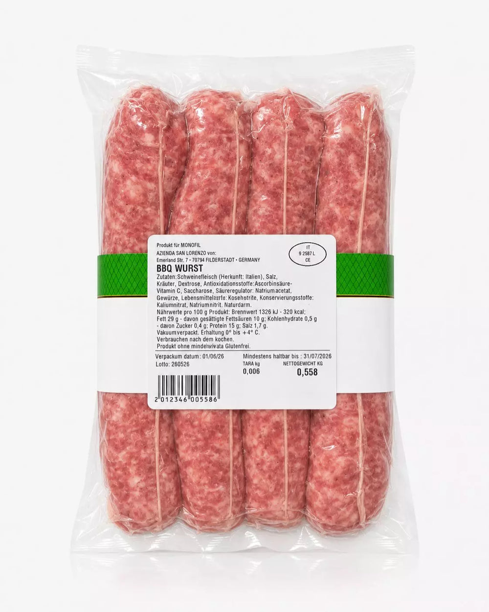 Rückseite der vakuumverpackten Salsiccia Puro Suino von Azienda San Lorenzo mit Zutaten und Nährwertangaben