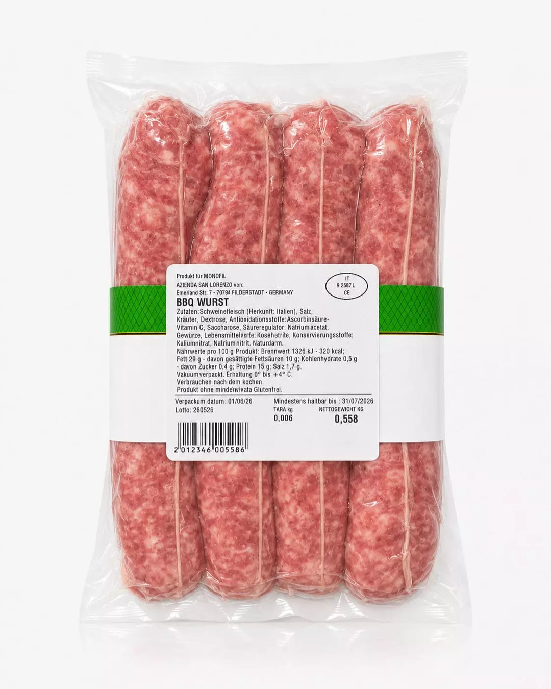 Rückseite der vakuumverpackten Salsiccia Puro Suino von Azienda San Lorenzo mit Zutaten und Nährwertangaben