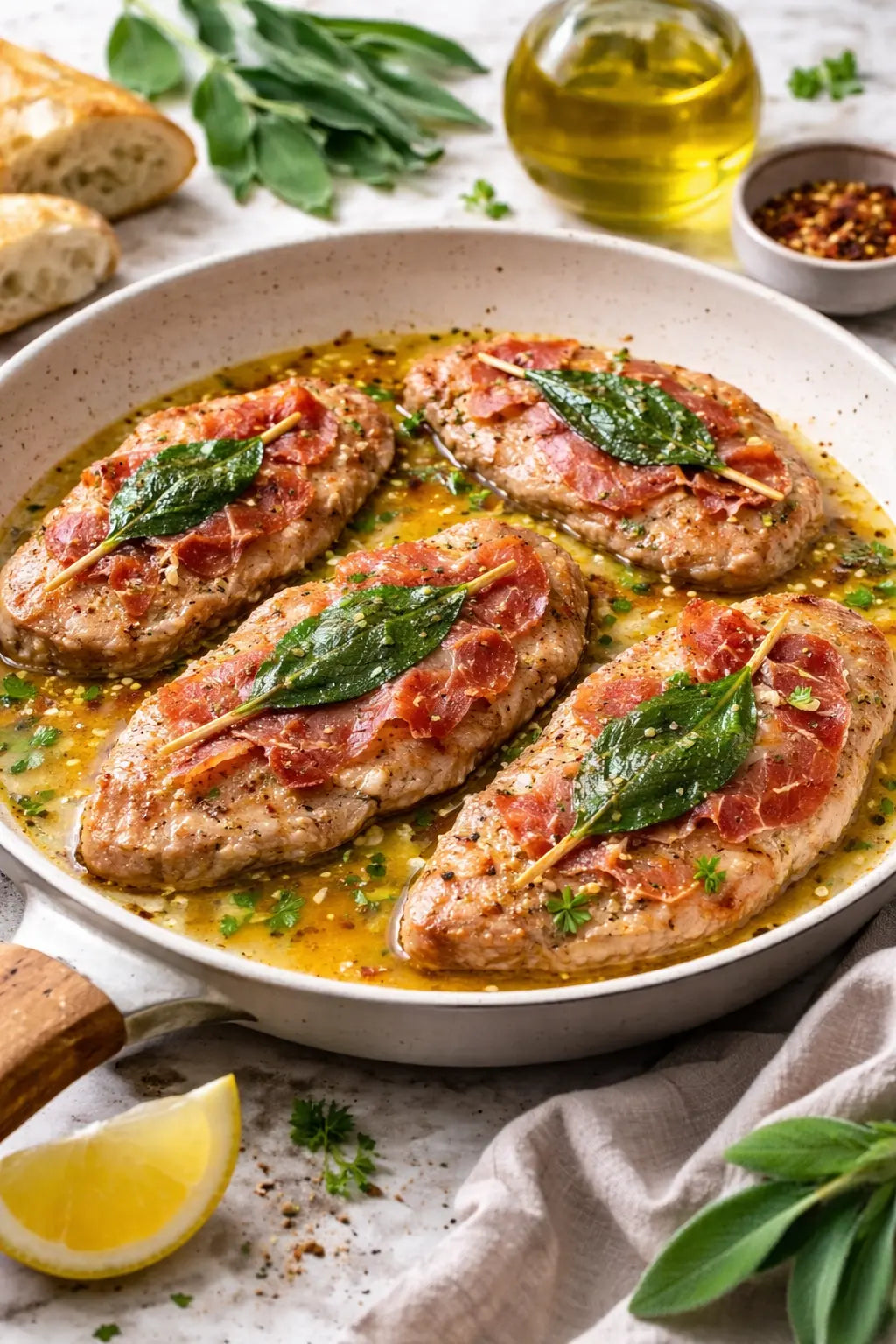Saltimbocca alla Romana mit Kalbfleisch, Prosciutto und frischem Salbei – klassisches italienisches Fleischgericht