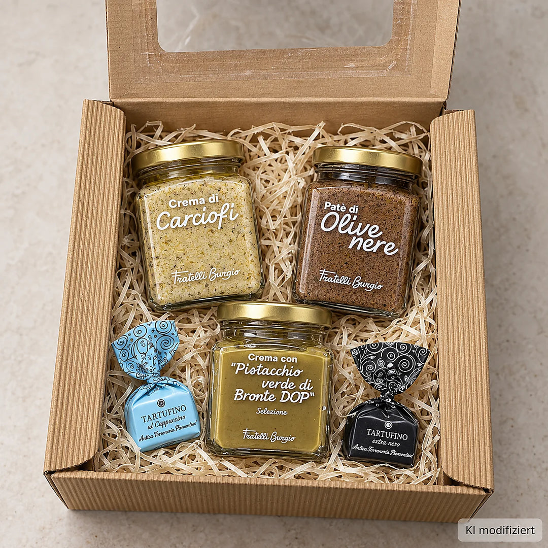 Sapori di Sicilia Pesto-Geschenkset mit Pistazienpesto, Olivenpesto, Artischockenpesto und zwei Tartufi – KI modifiziert