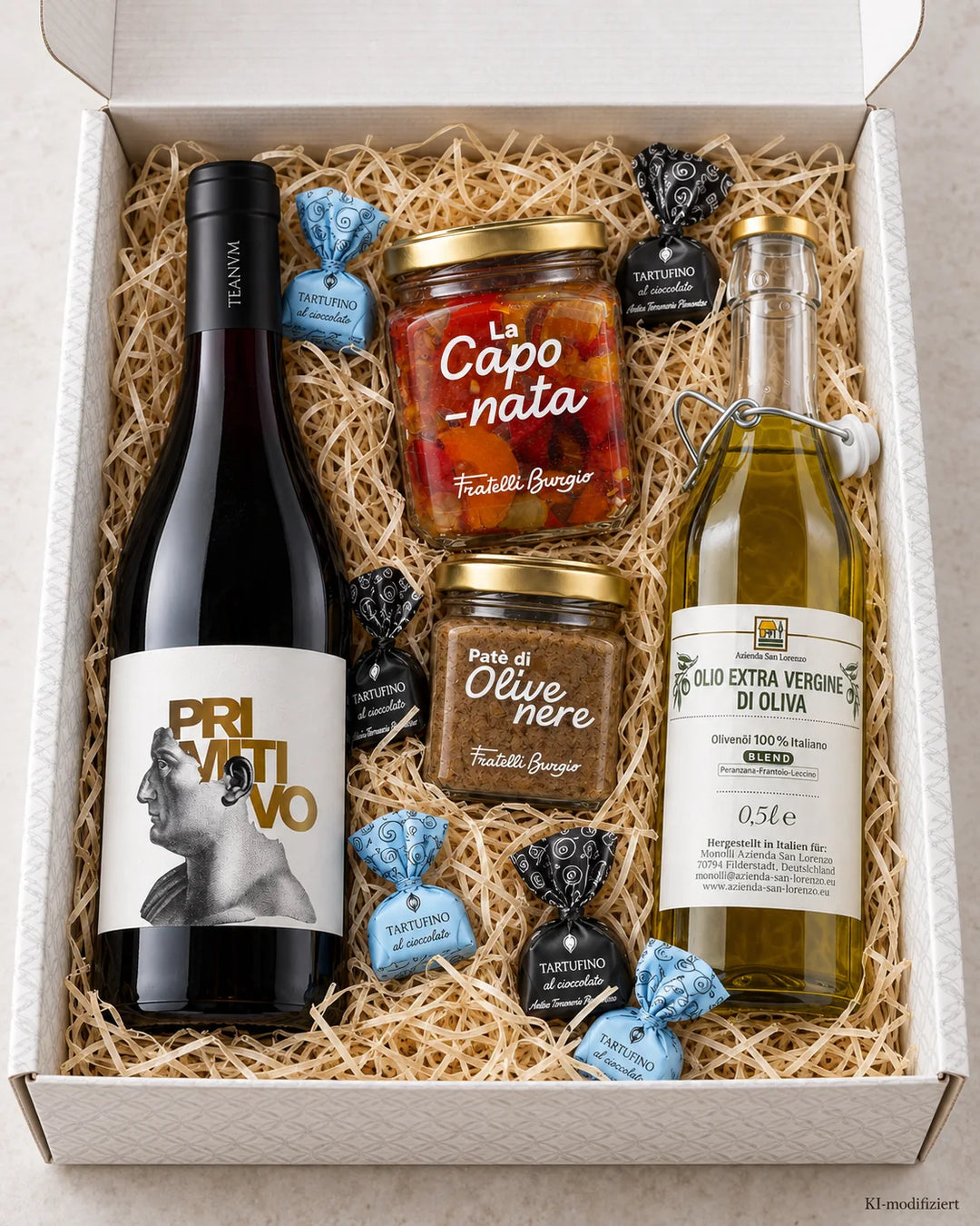 Sapori d’Italia große italienische Genussbox mit Primitivo, Olivenöl, Caponata, Olivenpesto und sechs Tartufi – KI modifiziert