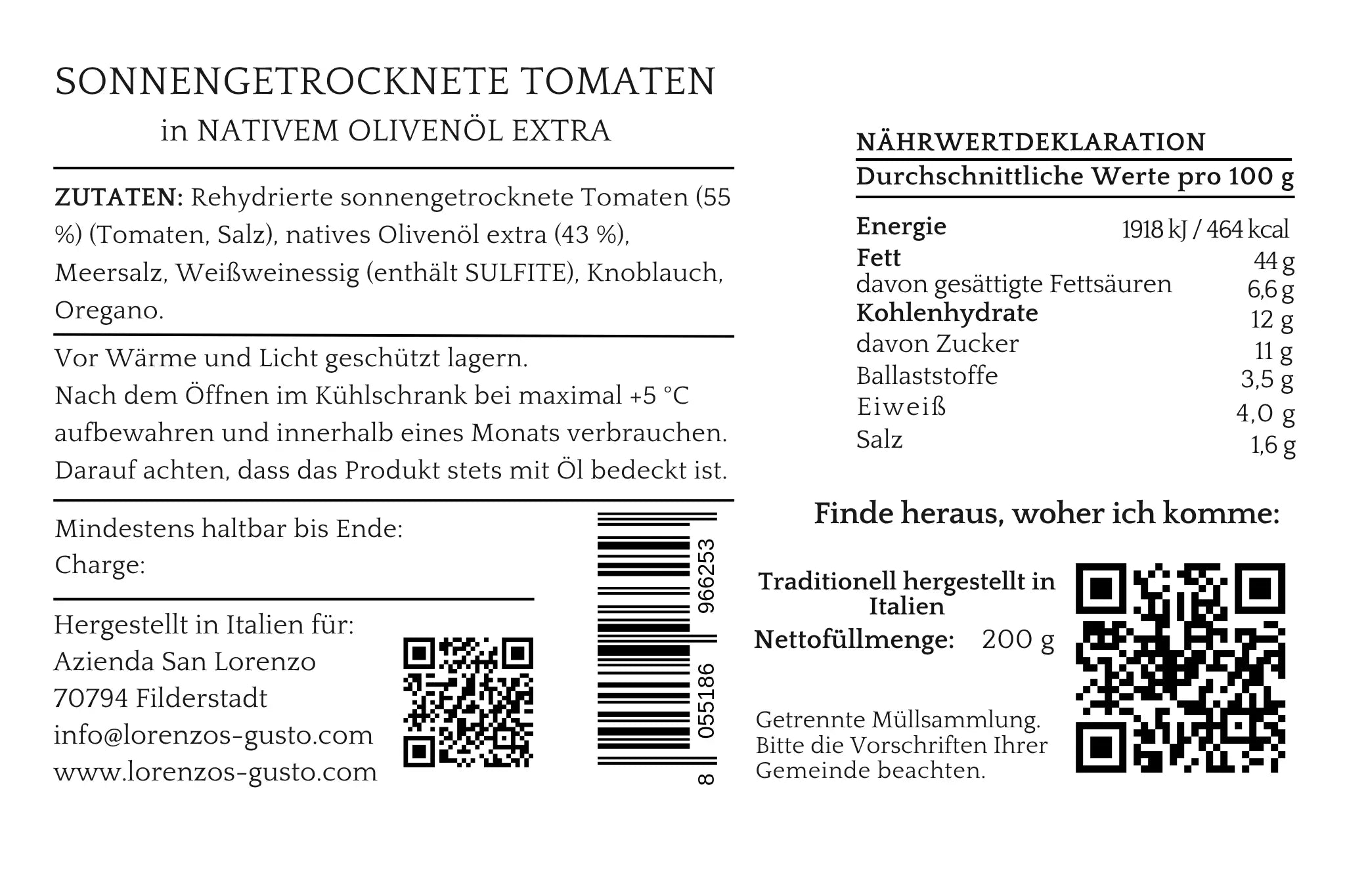 Nährwerttabelle und Zutaten von sonnengetrockneten Tomaten in Olivenöl