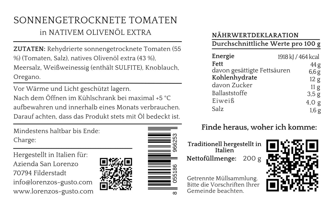 Nährwerttabelle und Zutaten von sonnengetrockneten Tomaten in Olivenöl