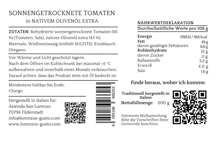 Nährwerttabelle und Zutaten von sonnengetrockneten Tomaten in Olivenöl