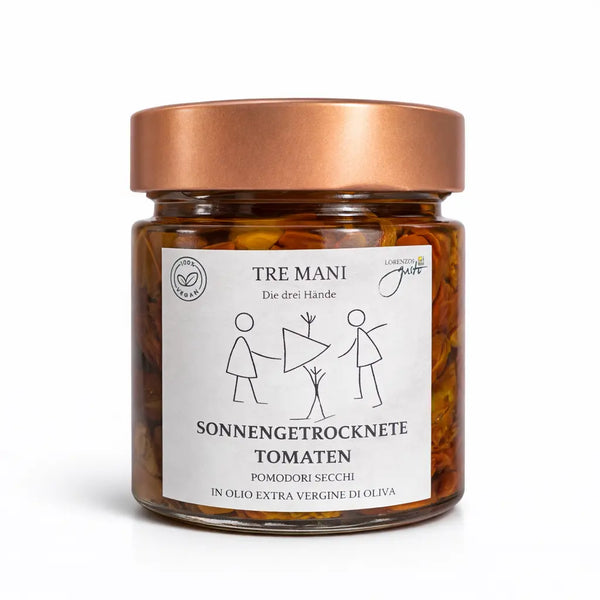 Sonnengetrocknete Tomaten von Tre Mani im Glas – italienische Tomaten in extra nativem Olivenöl