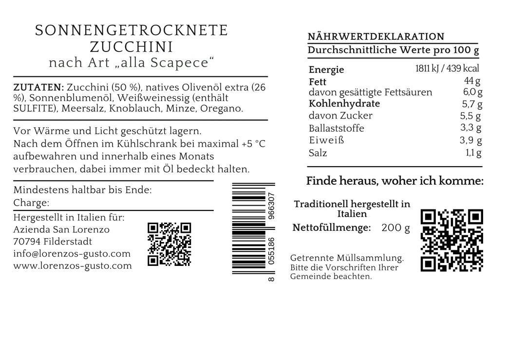 Etikett mit Nährwerten und Zutaten von sonnengetrockneten Zucchini nach Art alla Scapece