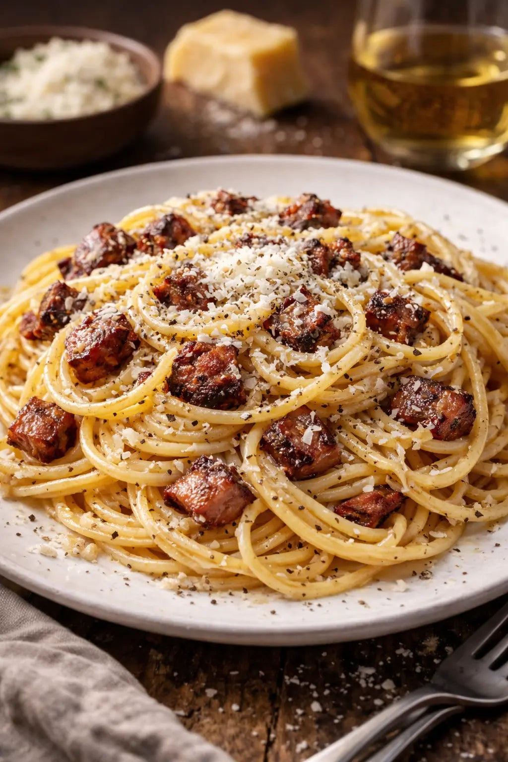 Spaghetti Carbonara mit knusprig gebratenem Guanciale, Pecorino Romano und schwarzem Pfeffer