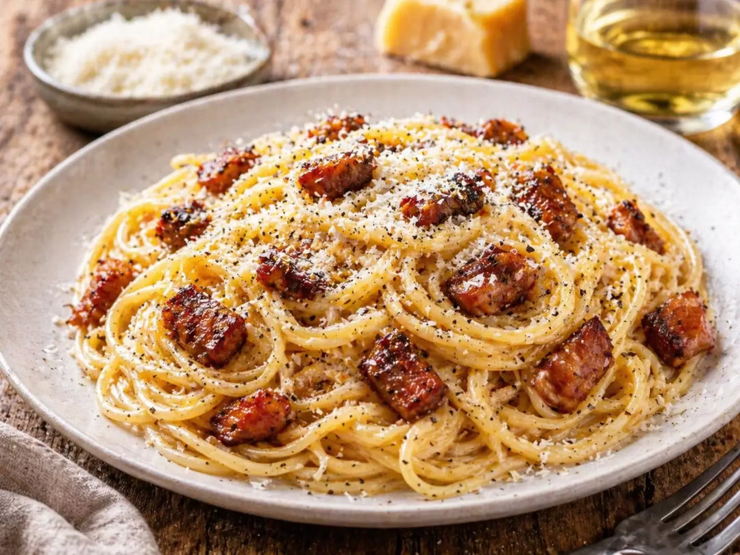 Cremige Spaghetti Carbonara auf hellem Teller mit knusprigem Guanciale, frisch geriebenem Pecorino und schwarzem Pfeffer, rustikal angerichtet auf dunklem Holztisch.