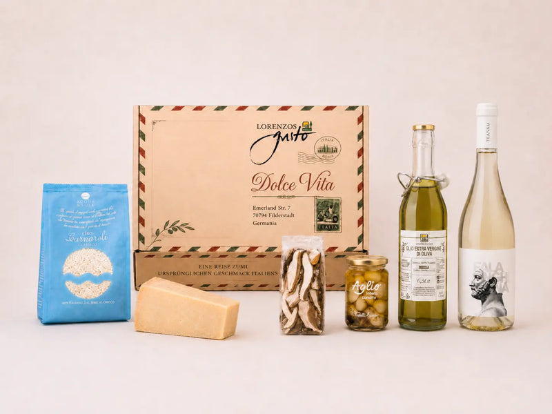 Italienische Feinkost mit Pasta, Olivenöl, Käse, Antipasti und Wein – Dolce Vita Geschenkbox