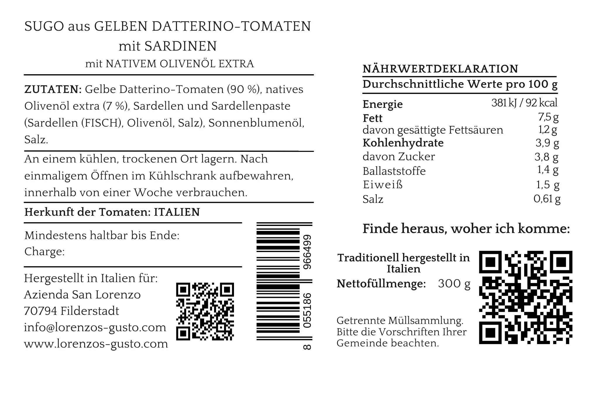 Nährwertangaben und Zutaten von Sugo aus gelben Datterino-Tomaten mit Sardinen