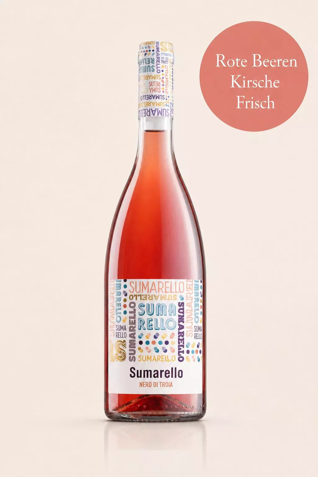 Flasche Teanum Sumarello Rosato Nero di Troia aus Apulien mit roten Beeren, Kirsche und feiner Kräuterwürze
