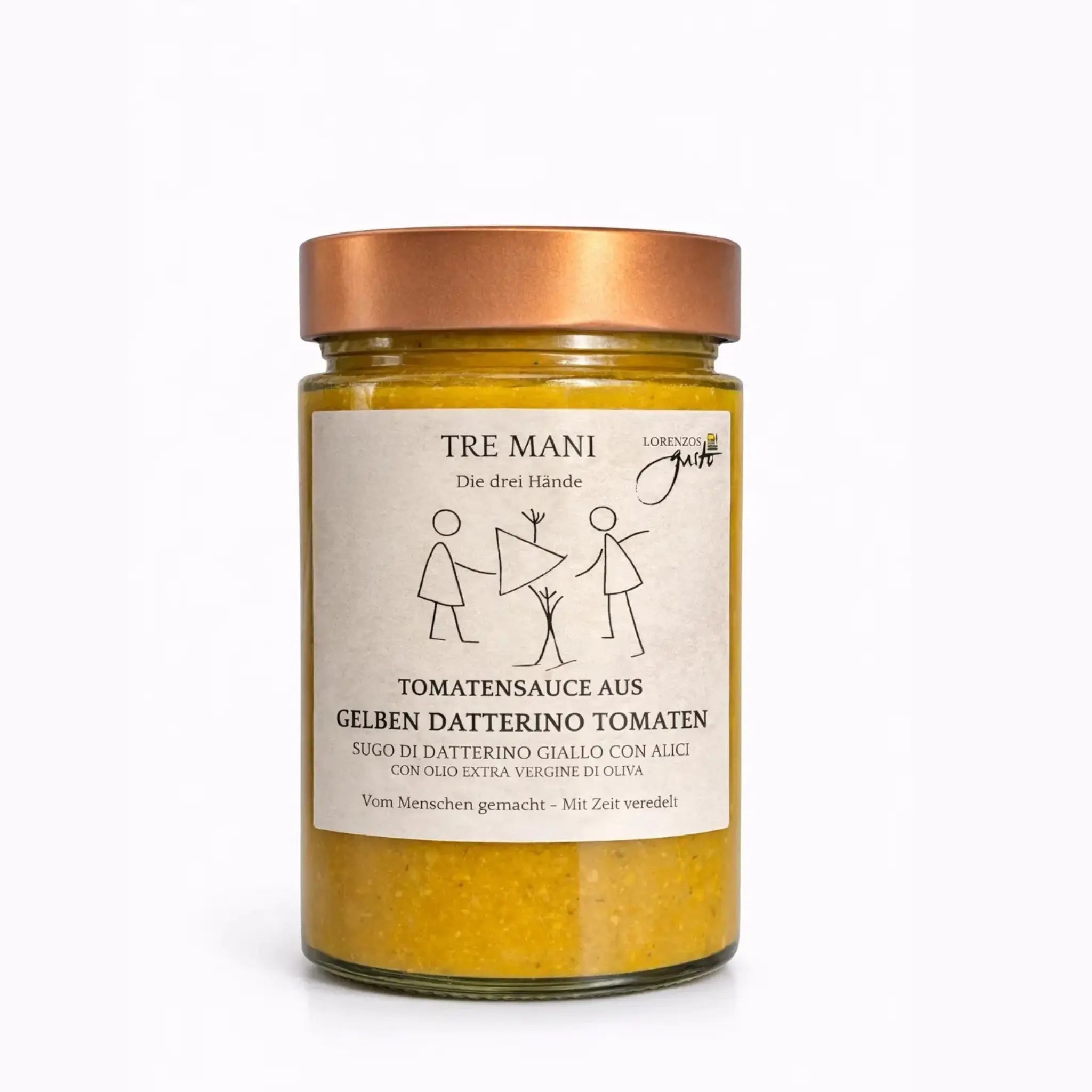Tomatensauce aus gelben Datterino-Tomaten mit Sardinen TRE MANI im Glas 