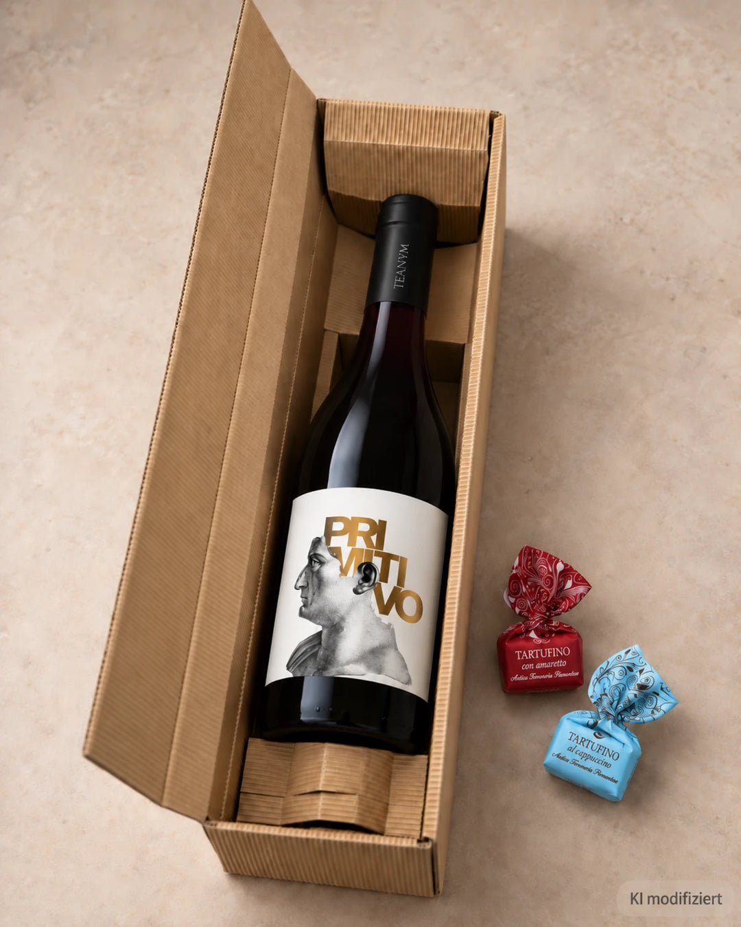 Vino d’Italia Primitivo Geschenkset im 1er-Geschenkkarton mit zwei Tartufi – KI modifiziert