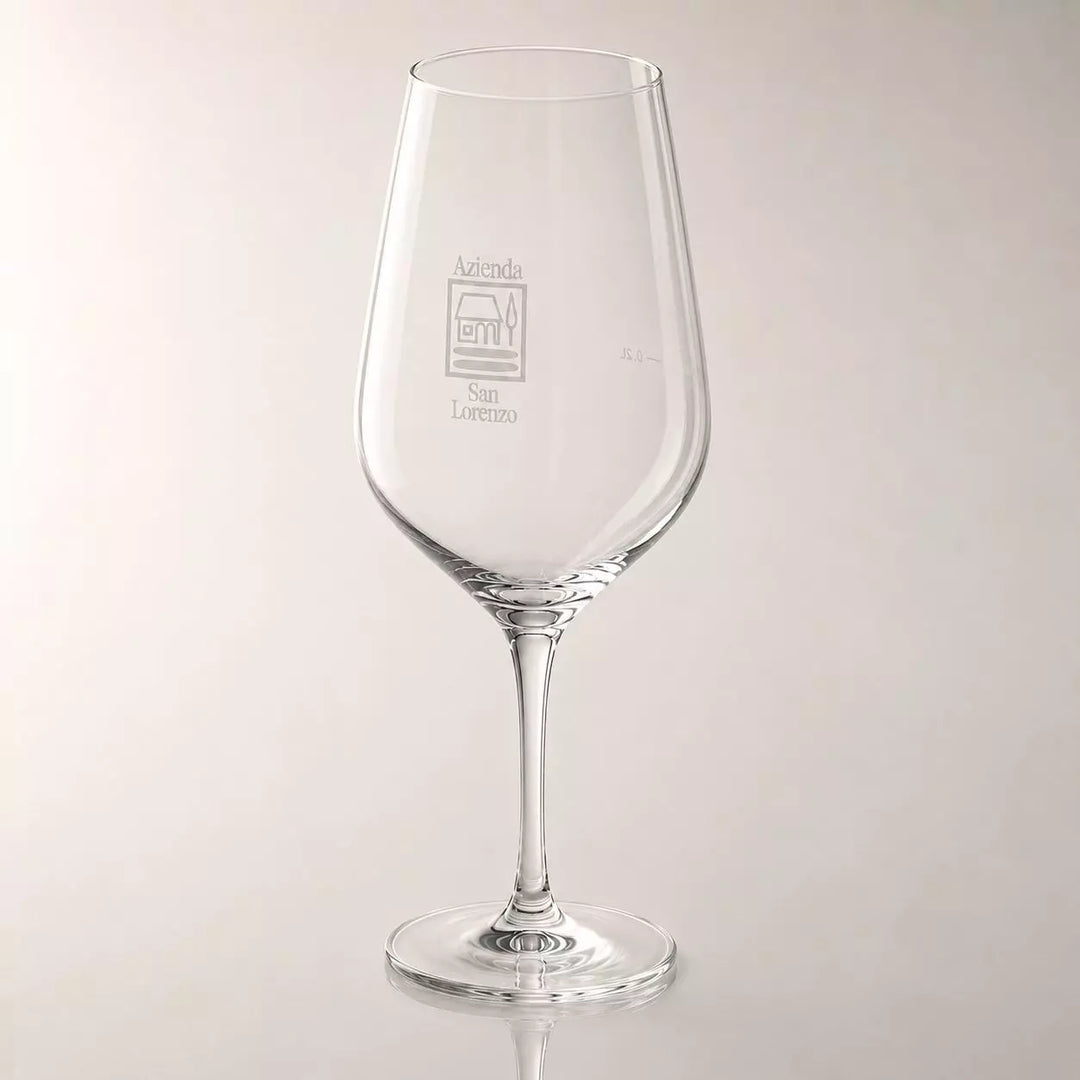 Elegantes Weinglas der Azienda San Lorenzo mit Logo in seitlicher Produktansicht.