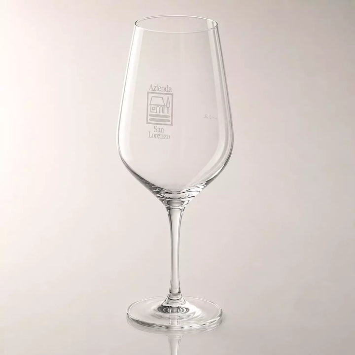 Elegantes Weinglas der Azienda San Lorenzo mit Logo in seitlicher Produktansicht.