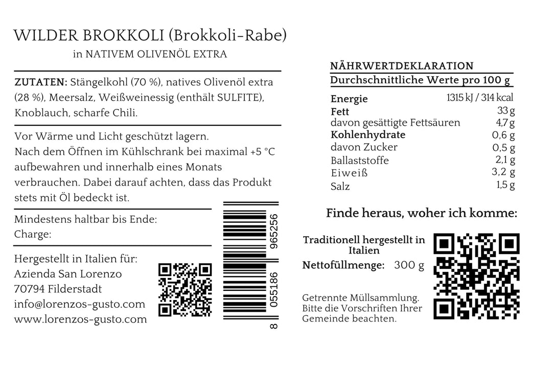 Etikett mit Nährwerten und Zutaten von wildem Brokkoli in nativem Olivenöl extra