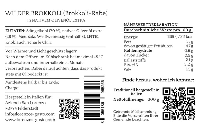 Etikett mit Nährwerten und Zutaten von wildem Brokkoli in nativem Olivenöl extra