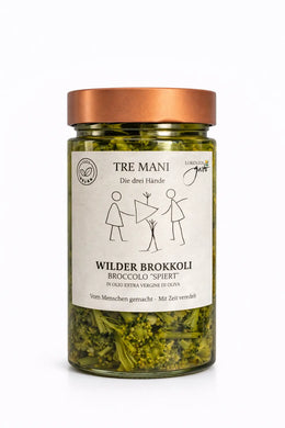 Wilder Brokkoli „Spigariello“ in Olivenöl von Tre Mani im Glas – italienischer Brokkoli in extra nativem Olivenöl