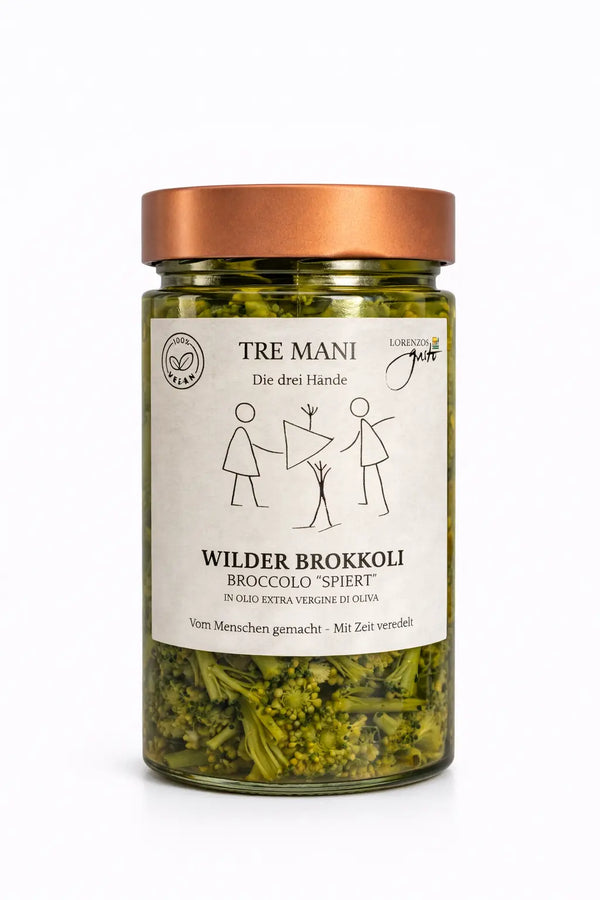 Wilder Brokkoli „Spigariello“ in Olivenöl von Tre Mani im Glas – italienischer Brokkoli in extra nativem Olivenöl