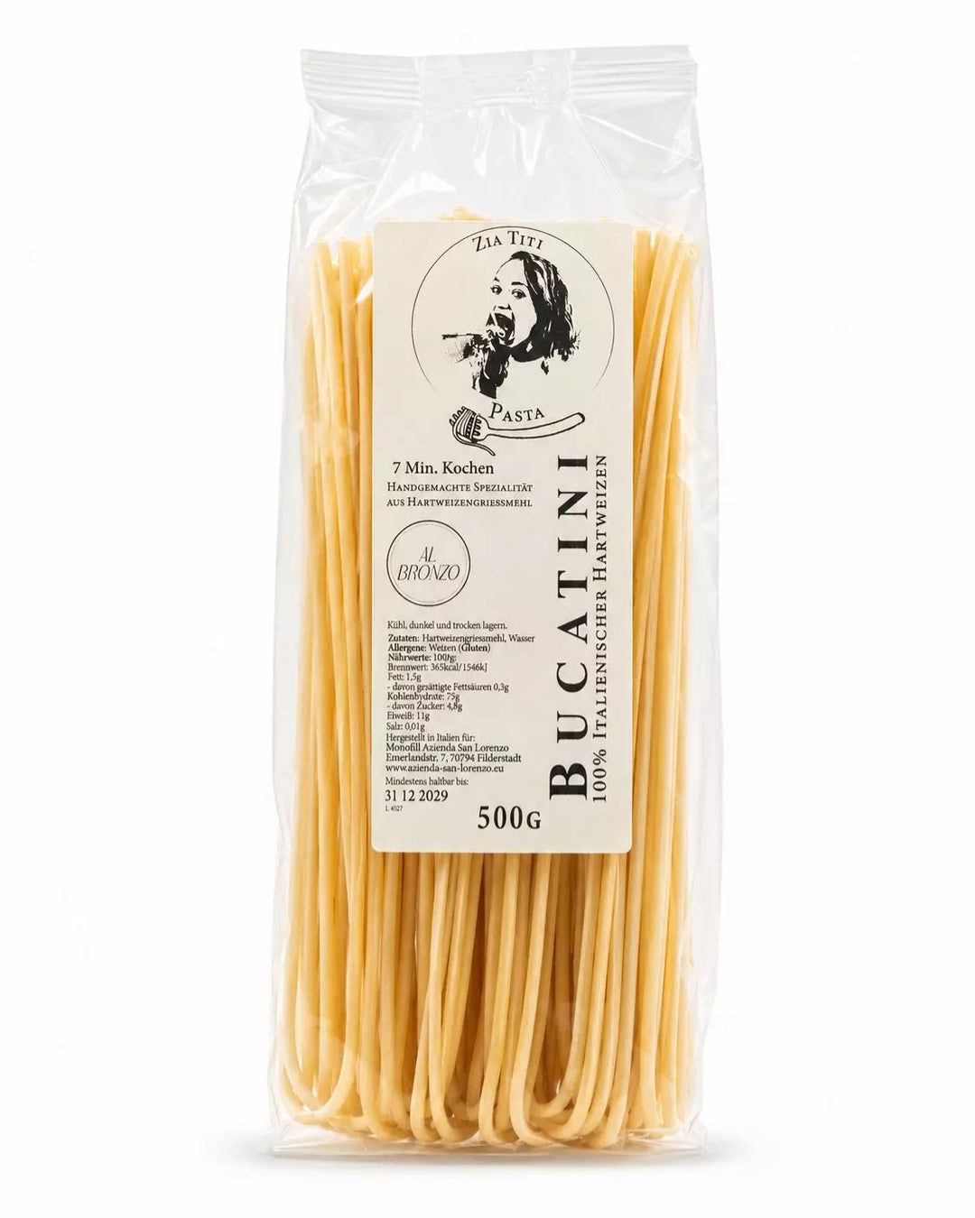Vorderseite der Zia Titi Bucatini Pasta aus italienischem Hartweizengrieß