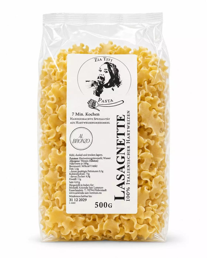 Vorderseite der Zia Titi Lasagnette Pasta aus italienischem Hartweizengrieß